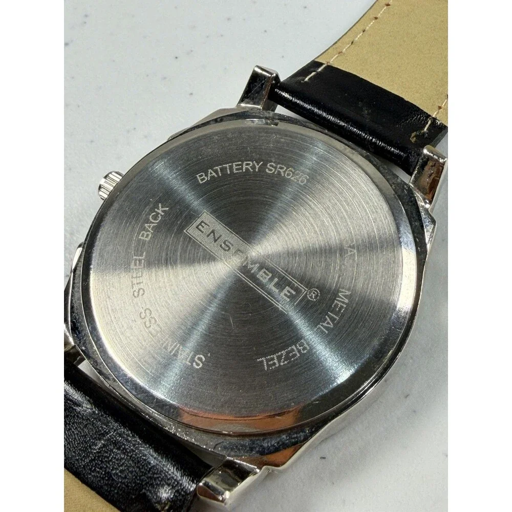 Ensemble Quartz Men’s Watch Black Dial Silver Tone 42.7mm Leather Strap Runs